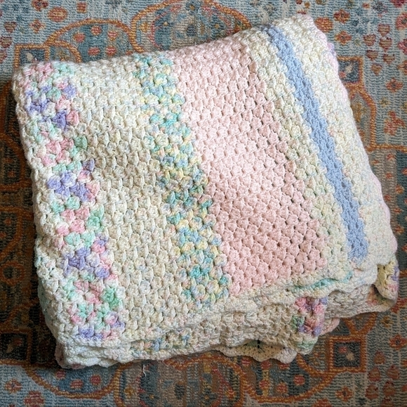 Vintage Handmade Pastel Shimmer Stripe Crochet Afghan Large Blanket Throw OS - Picture 1 of 6